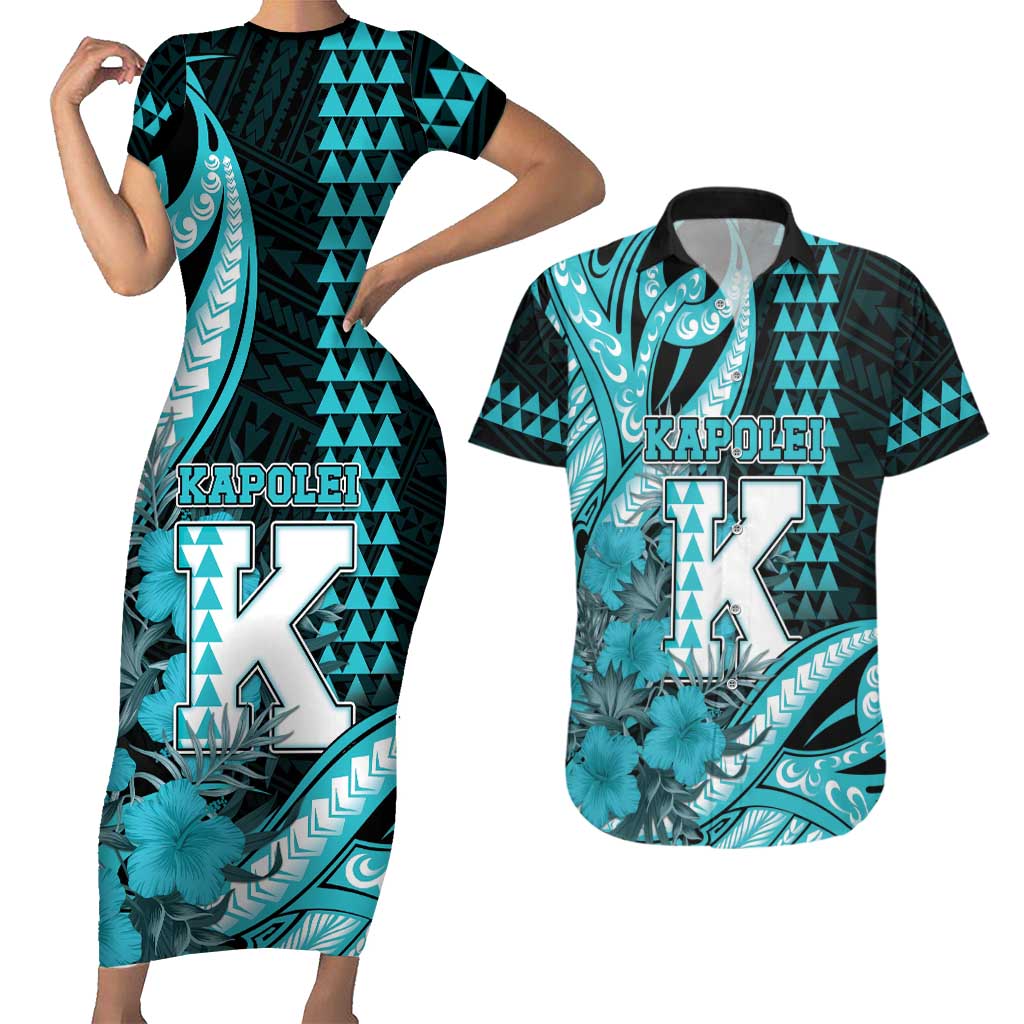 Personalised Hawaii Kapolei High School Couples Matching Short Sleeve Bodycon Dress and Hawaiian Shirt Tribal Tattoo With Hibiscus Flowers LT05 Dark Teal - Polynesian Pride