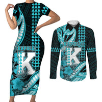 Personalised Hawaii Kapolei High School Couples Matching Short Sleeve Bodycon Dress and Long Sleeve Button Shirt Tribal Tattoo With Hibiscus Flowers LT05 Dark Teal - Polynesian Pride