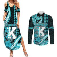 Personalised Hawaii Kapolei High School Couples Matching Summer Maxi Dress and Long Sleeve Button Shirt Tribal Tattoo With Hibiscus Flowers LT05 Dark Teal - Polynesian Pride