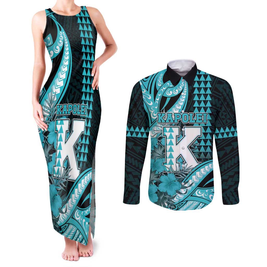 Personalised Hawaii Kapolei High School Couples Matching Tank Maxi Dress and Long Sleeve Button Shirt Tribal Tattoo With Hibiscus Flowers