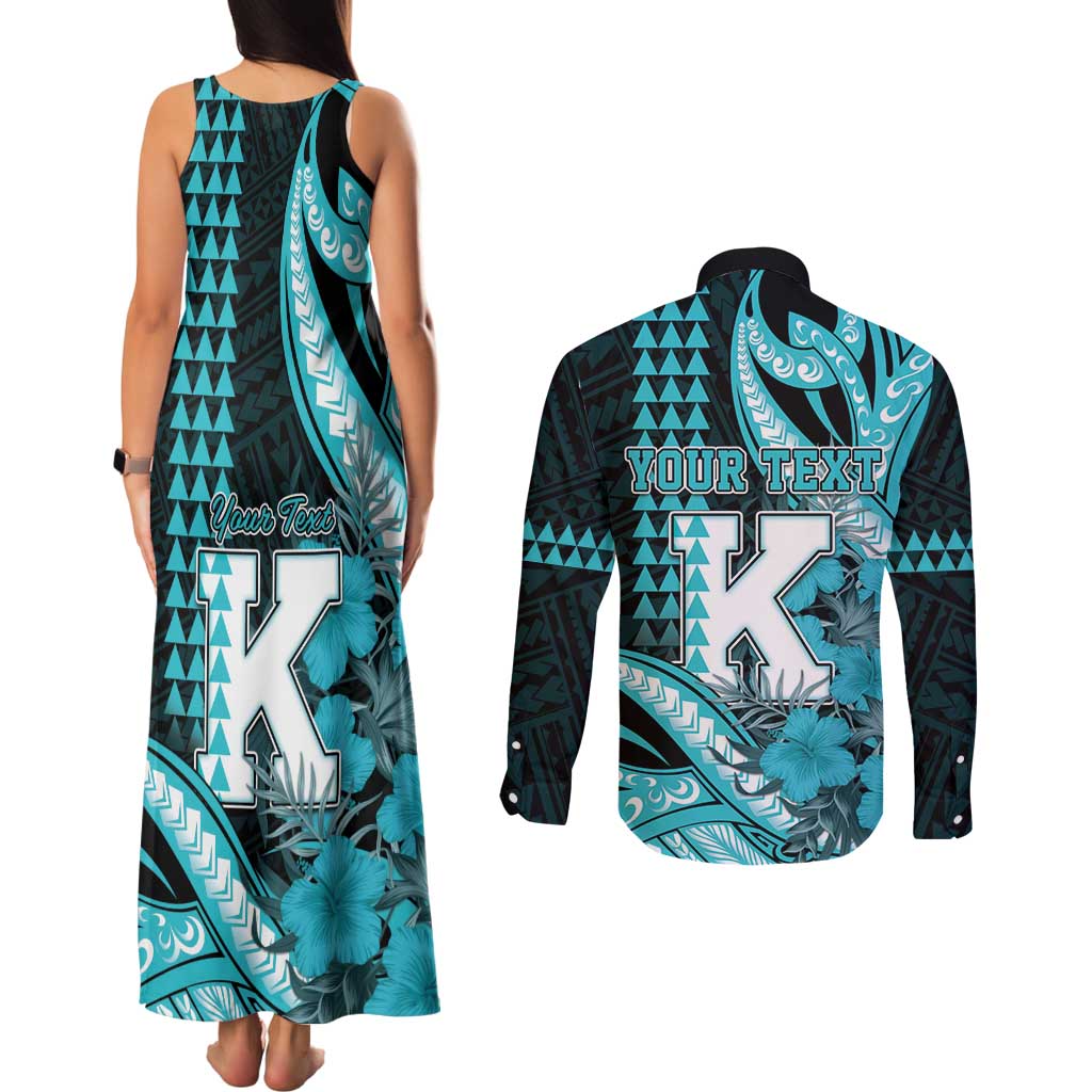 Personalised Hawaii Kapolei High School Couples Matching Tank Maxi Dress and Long Sleeve Button Shirt Tribal Tattoo With Hibiscus Flowers LT05 - Polynesian Pride