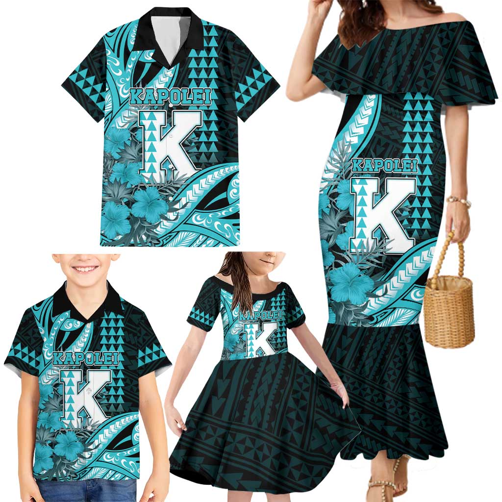 Personalised Hawaii Kapolei High School Family Matching Mermaid Dress and Hawaiian Shirt Tribal Tattoo With Hibiscus Flowers LT05 - Polynesian Pride