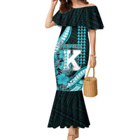 Personalised Hawaii Kapolei High School Family Matching Mermaid Dress and Hawaiian Shirt Tribal Tattoo With Hibiscus Flowers LT05 Mom's Dress Dark Teal - Polynesian Pride