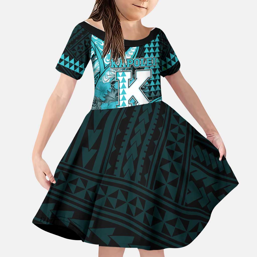 Personalised Hawaii Kapolei High School Family Matching Off The Shoulder Long Sleeve Dress and Hawaiian Shirt Tribal Tattoo With Hibiscus Flowers LT05 Daughter's Dress Dark Teal - Polynesian Pride