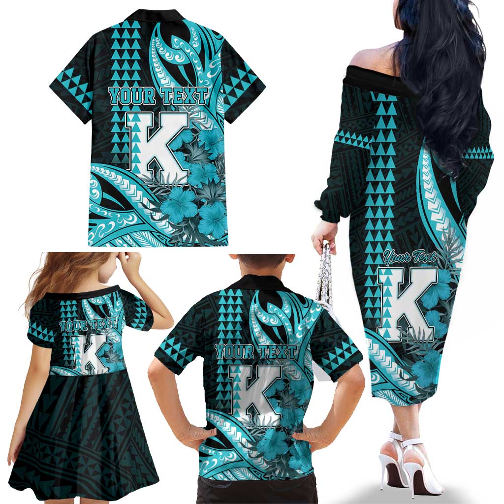 Personalised Hawaii Kapolei High School Family Matching Off The Shoulder Long Sleeve Dress and Hawaiian Shirt Tribal Tattoo With Hibiscus Flowers LT05 - Polynesian Pride