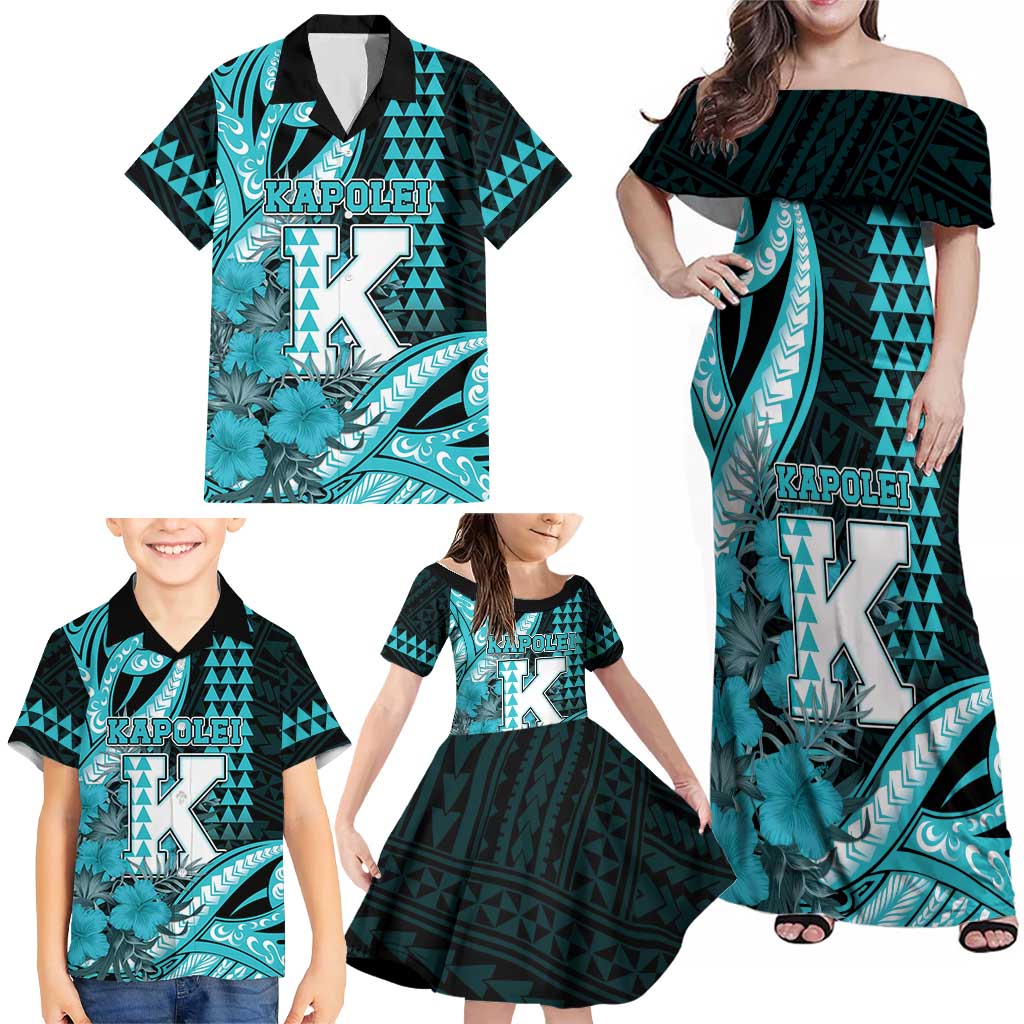 Personalised Hawaii Kapolei High School Family Matching Off Shoulder Maxi Dress and Hawaiian Shirt Tribal Tattoo With Hibiscus Flowers LT05 - Polynesian Pride