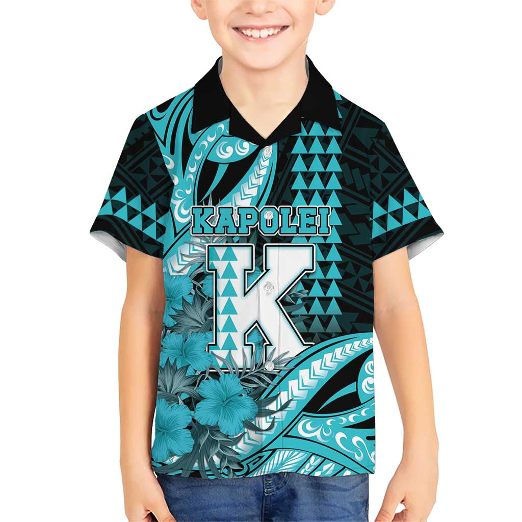 Personalised Hawaii Kapolei High School Family Matching Off Shoulder Maxi Dress and Hawaiian Shirt Tribal Tattoo With Hibiscus Flowers LT05 Son's Shirt Dark Teal - Polynesian Pride