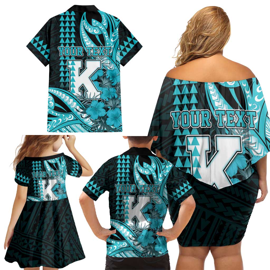 Personalised Hawaii Kapolei High School Family Matching Off Shoulder Short Dress and Hawaiian Shirt Tribal Tattoo With Hibiscus Flowers LT05 - Polynesian Pride