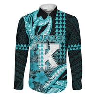 Personalised Hawaii Kapolei High School Family Matching Off Shoulder Short Dress and Hawaiian Shirt Tribal Tattoo With Hibiscus Flowers LT05 Dad's Shirt - Long Sleeve Dark Teal - Polynesian Pride