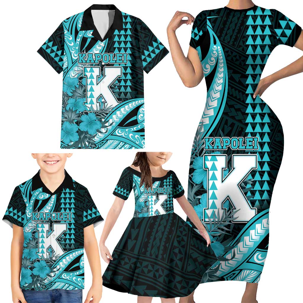 Personalised Hawaii Kapolei High School Family Matching Short Sleeve Bodycon Dress and Hawaiian Shirt Tribal Tattoo With Hibiscus Flowers