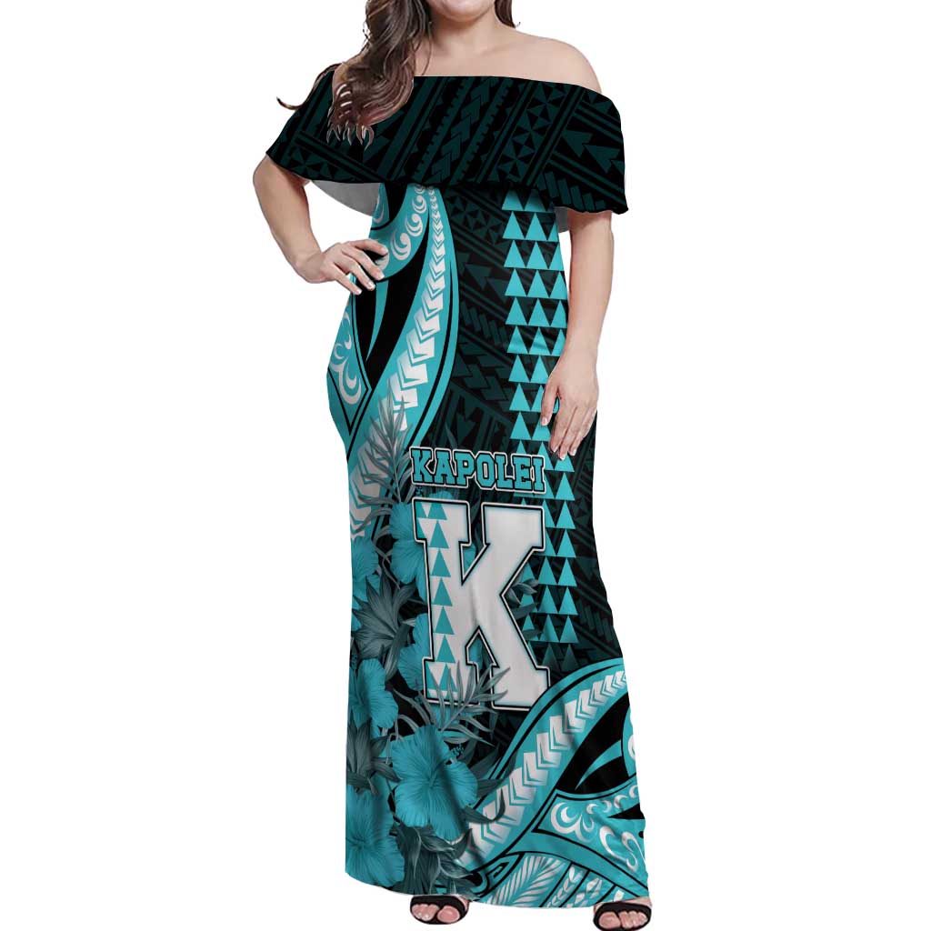 Personalised Hawaii Kapolei High School Off Shoulder Maxi Dress Tribal Tattoo With Hibiscus Flowers