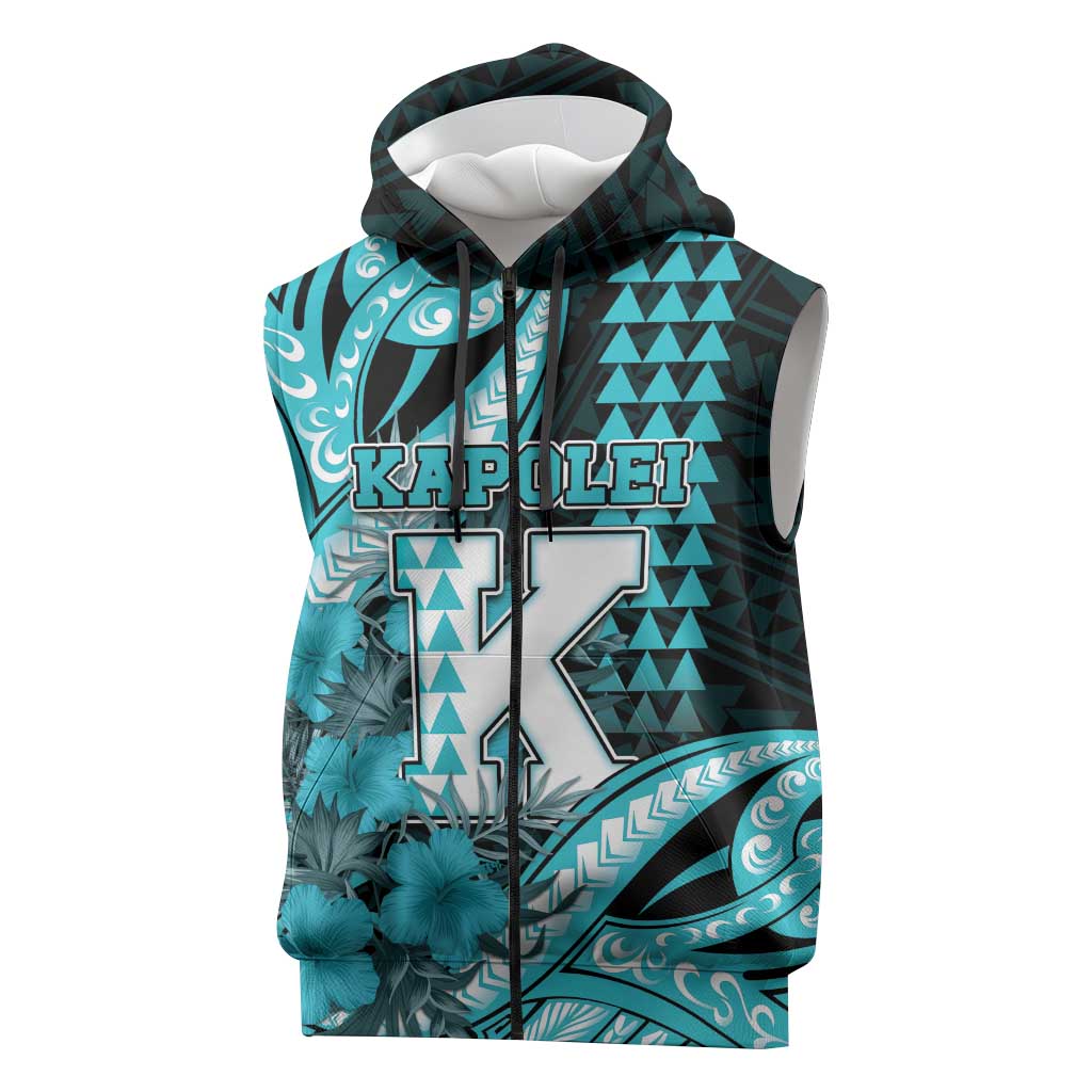 Personalised Hawaii Kapolei High School Sleeveless Zip Hoodie Tribal Tattoo With Hibiscus Flowers