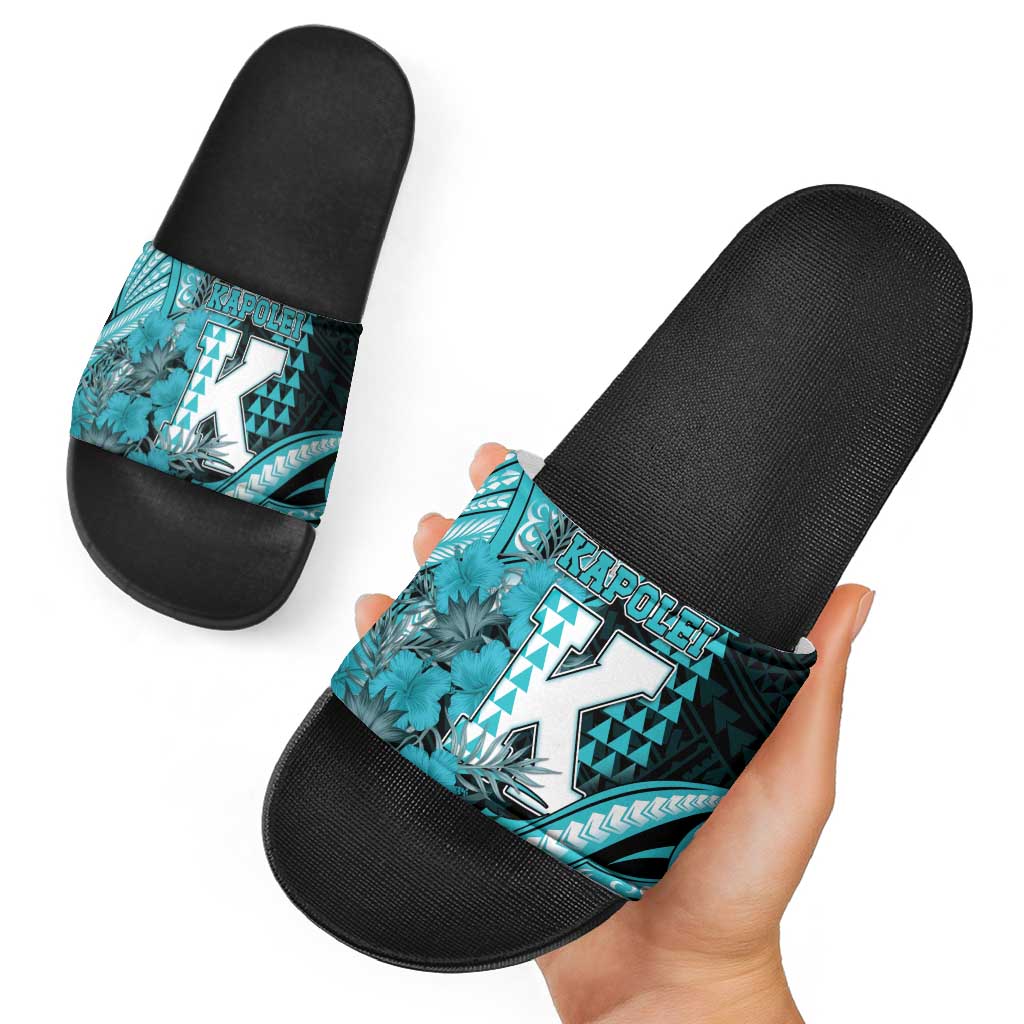 Hawaii Kapolei High School Slide Sandals Tribal Tattoo With Hibiscus Flowers