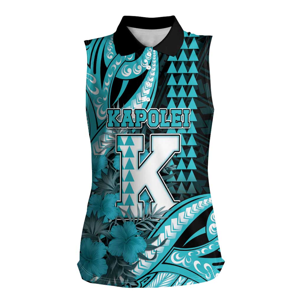 Personalised Hawaii Kapolei High School Women Sleeveless Polo Shirt Tribal Tattoo With Hibiscus Flowers