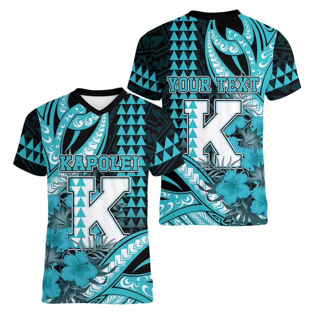 Personalised Hawaii Kapolei High School Women V-Neck T-Shirt Tribal Tattoo With Hibiscus Flowers LT05 - Polynesian Pride