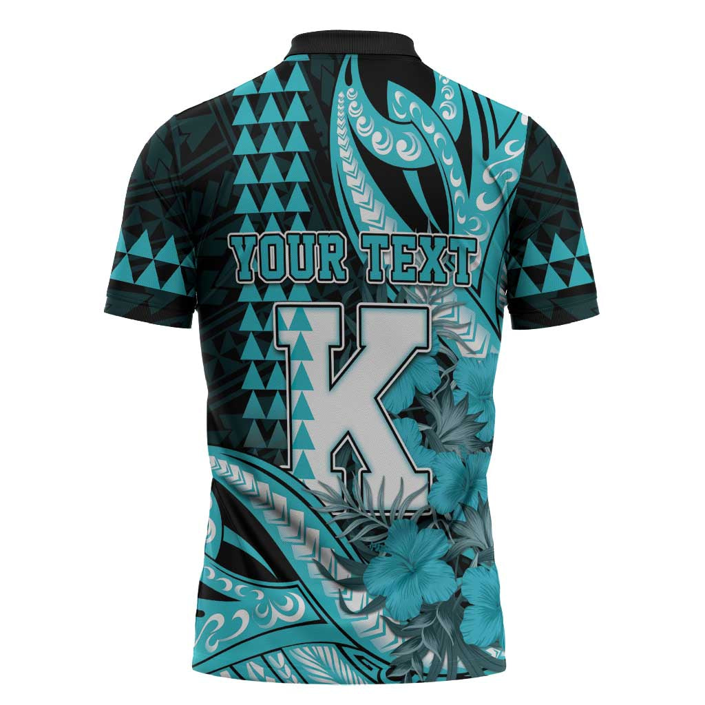 Personalised Hawaii Kapolei High School Zipper Polo Shirt Tribal Tattoo With Hibiscus Flowers