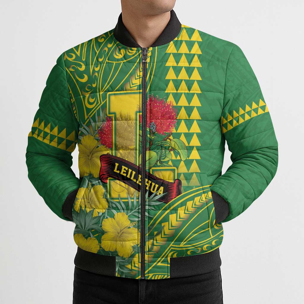 Personalised Hawaii Leilehua High School Bomber Puffer Jacket Tribal Tattoo With Hibiscus Flowers