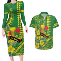 Personalised Hawaii Leilehua High School Couples Matching Long Sleeve Bodycon Dress and Hawaiian Shirt Tribal Tattoo With Hibiscus Flowers LT05 Green - Polynesian Pride