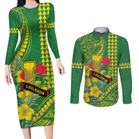 Personalised Hawaii Leilehua High School Couples Matching Long Sleeve Bodycon Dress and Long Sleeve Button Shirt Tribal Tattoo With Hibiscus Flowers LT05 Green - Polynesian Pride
