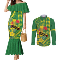 Personalised Hawaii Leilehua High School Couples Matching Mermaid Dress and Long Sleeve Button Shirt Tribal Tattoo With Hibiscus Flowers LT05 Green - Polynesian Pride