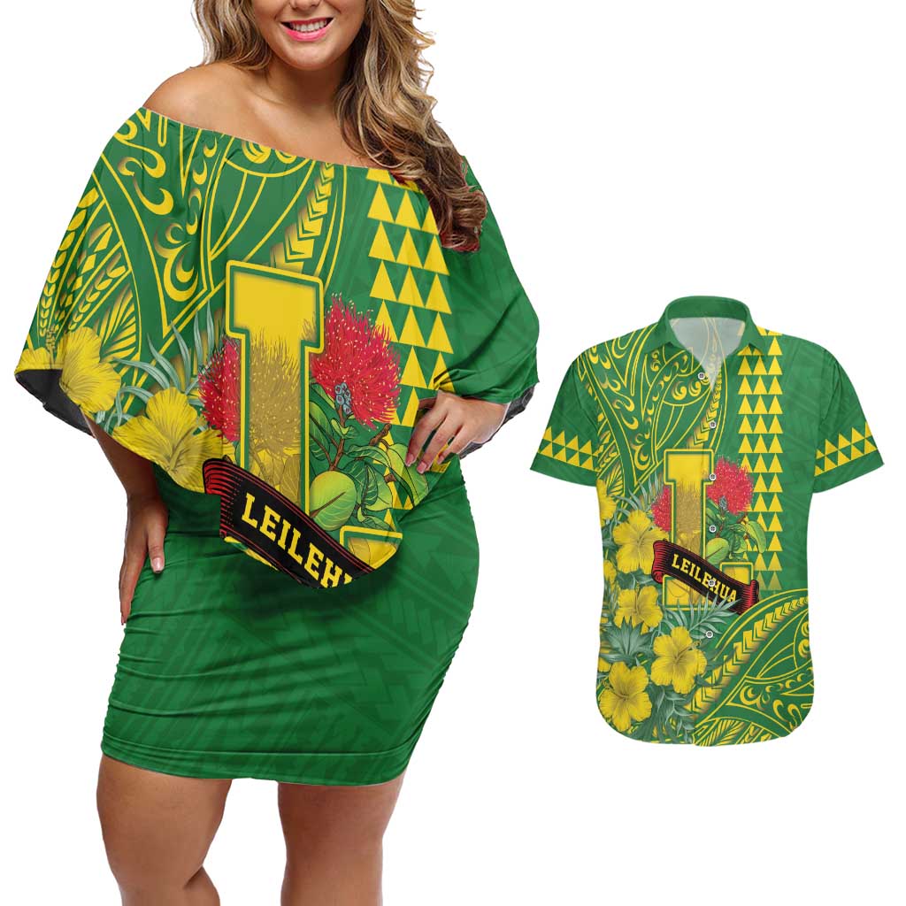 Personalised Hawaii Leilehua High School Couples Matching Off Shoulder Short Dress and Hawaiian Shirt Tribal Tattoo With Hibiscus Flowers