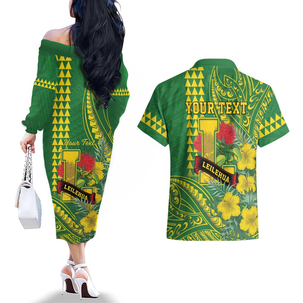 Personalised Hawaii Leilehua High School Couples Matching Off The Shoulder Long Sleeve Dress and Hawaiian Shirt Tribal Tattoo With Hibiscus Flowers LT05 - Polynesian Pride