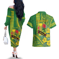 Personalised Hawaii Leilehua High School Couples Matching Off The Shoulder Long Sleeve Dress and Hawaiian Shirt Tribal Tattoo With Hibiscus Flowers LT05 - Polynesian Pride