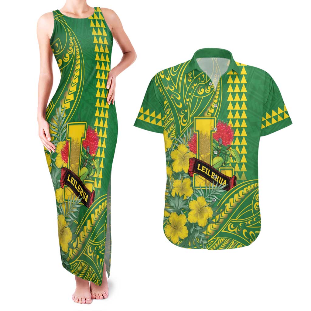 Personalised Hawaii Leilehua High School Couples Matching Tank Maxi Dress and Hawaiian Shirt Tribal Tattoo With Hibiscus Flowers LT05 Green - Polynesian Pride