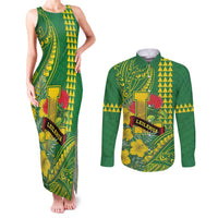 Personalised Hawaii Leilehua High School Couples Matching Tank Maxi Dress and Long Sleeve Button Shirt Tribal Tattoo With Hibiscus Flowers LT05 Green - Polynesian Pride