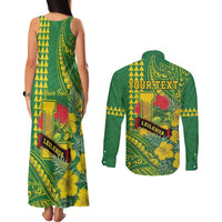 Personalised Hawaii Leilehua High School Couples Matching Tank Maxi Dress and Long Sleeve Button Shirt Tribal Tattoo With Hibiscus Flowers LT05 - Polynesian Pride