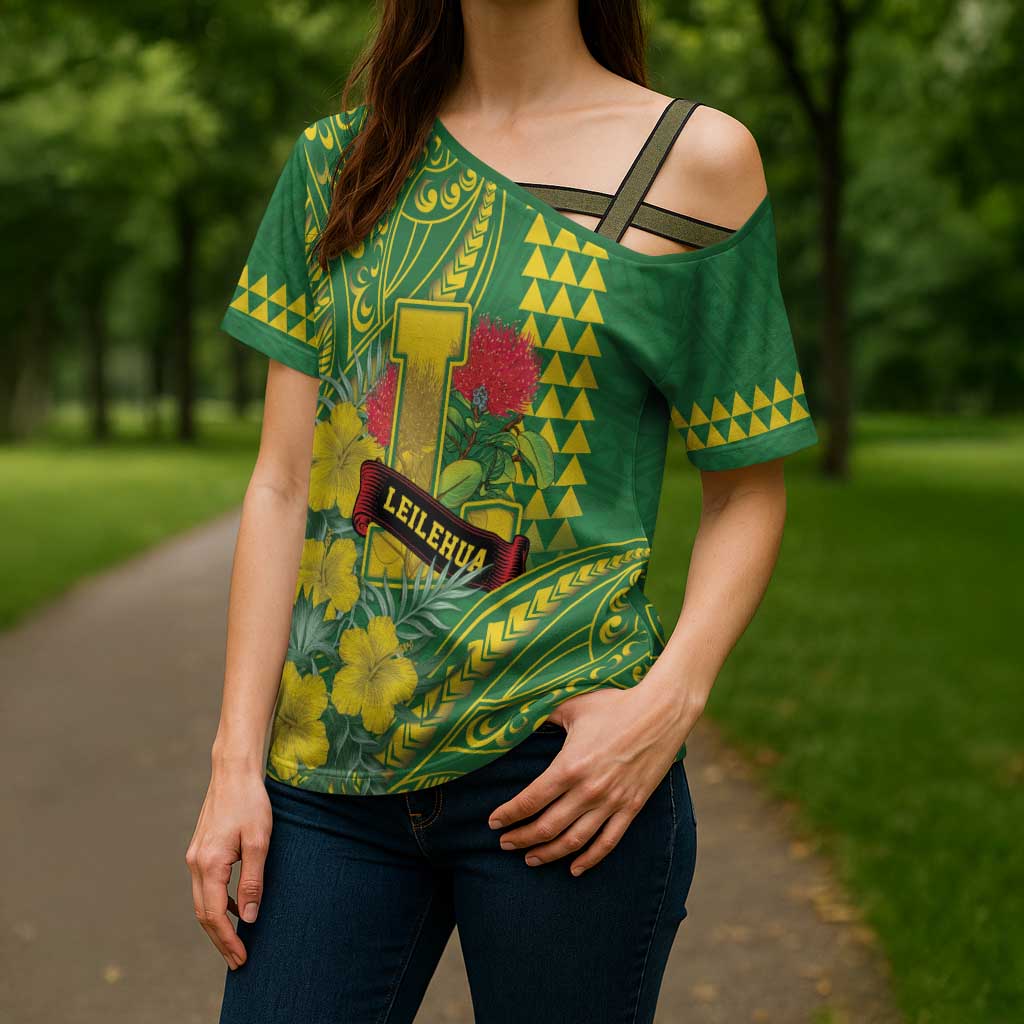 Personalised Hawaii Leilehua High School Cross Shoulder Shirt Tribal Tattoo With Hibiscus Flowers