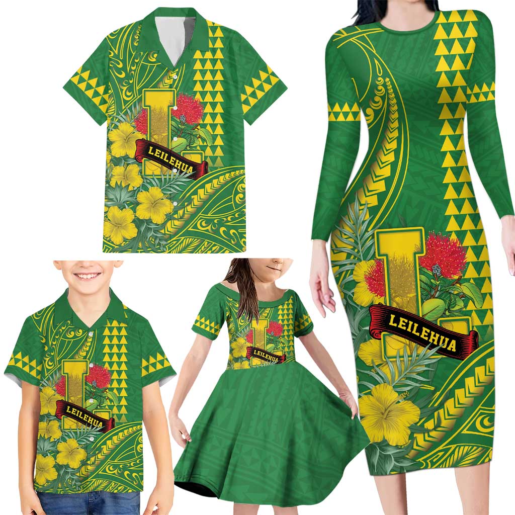 Personalised Hawaii Leilehua High School Family Matching Long Sleeve Bodycon Dress and Hawaiian Shirt Tribal Tattoo With Hibiscus Flowers