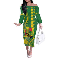 Personalised Hawaii Leilehua High School Family Matching Off The Shoulder Long Sleeve Dress and Hawaiian Shirt Tribal Tattoo With Hibiscus Flowers LT05 Mom's Dress Green - Polynesian Pride