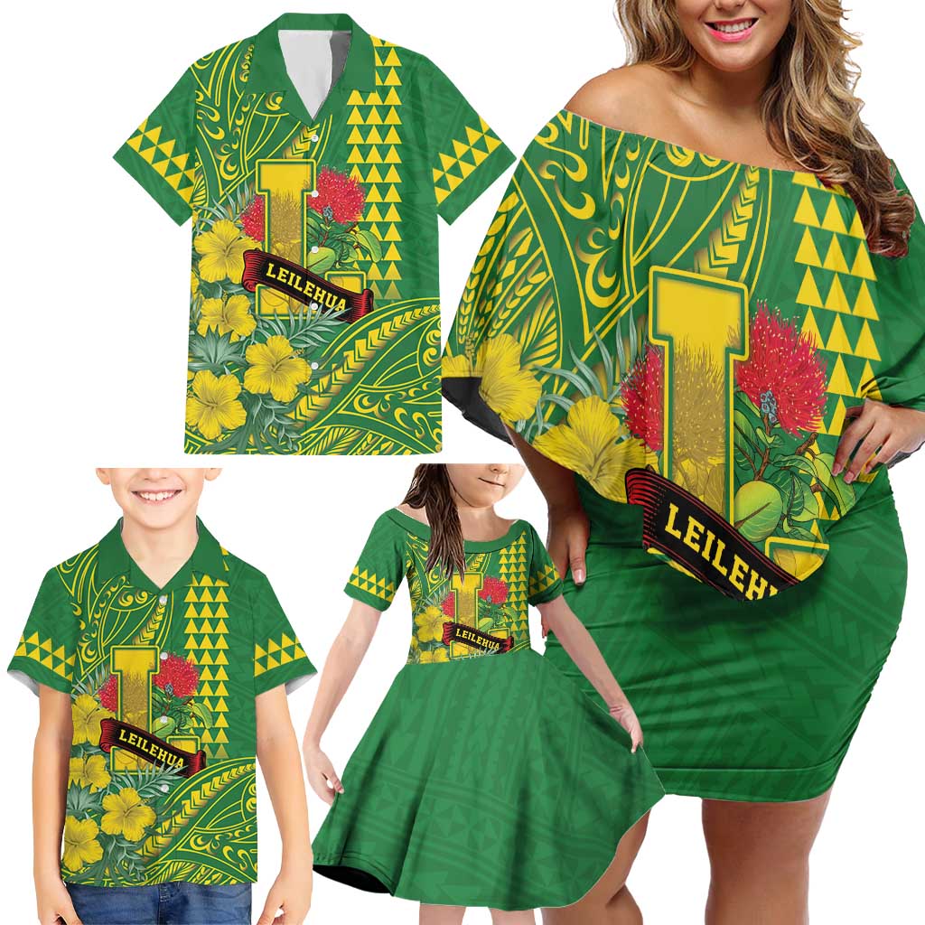 Personalised Hawaii Leilehua High School Family Matching Off Shoulder Short Dress and Hawaiian Shirt Tribal Tattoo With Hibiscus Flowers LT05 - Polynesian Pride