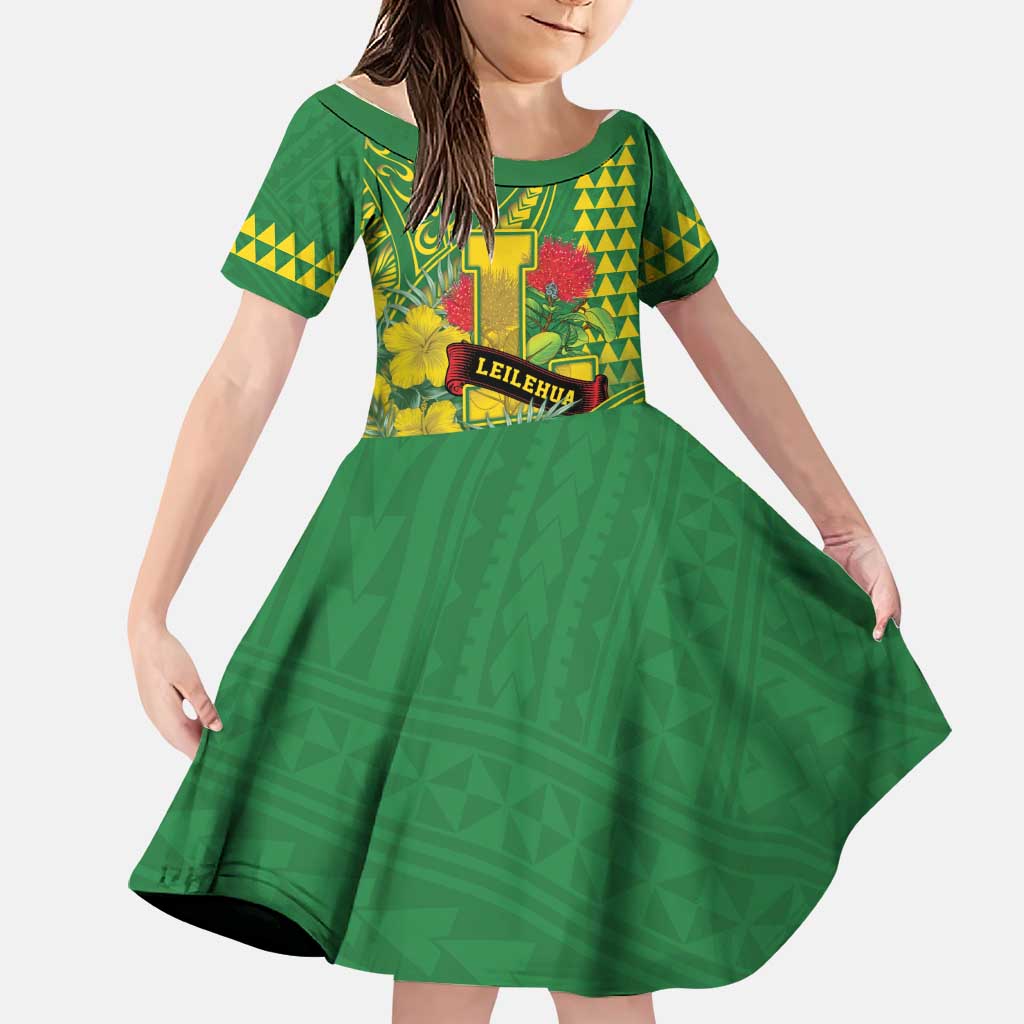 Personalised Hawaii Leilehua High School Family Matching Short Sleeve Bodycon Dress and Hawaiian Shirt Tribal Tattoo With Hibiscus Flowers LT05 Daughter's Dress Green - Polynesian Pride