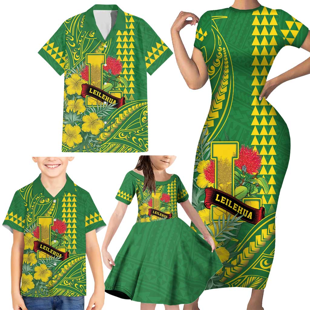 Personalised Hawaii Leilehua High School Family Matching Short Sleeve Bodycon Dress and Hawaiian Shirt Tribal Tattoo With Hibiscus Flowers LT05 - Polynesian Pride