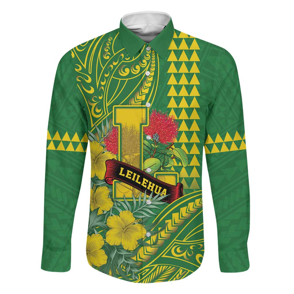 Personalised Hawaii Leilehua High School Family Matching Short Sleeve Bodycon Dress and Hawaiian Shirt Tribal Tattoo With Hibiscus Flowers LT05 Dad's Shirt - Long Sleeve Green - Polynesian Pride