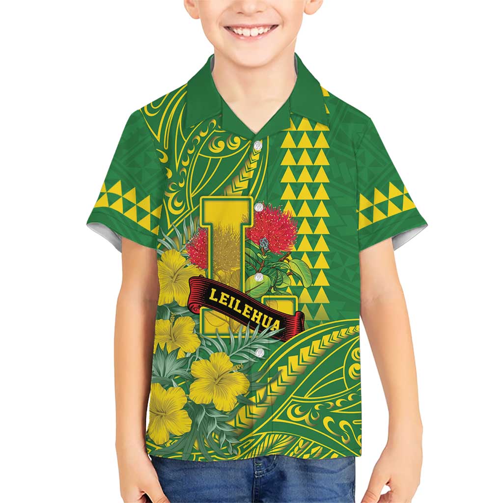 Personalised Hawaii Leilehua High School Family Matching Short Sleeve Bodycon Dress and Hawaiian Shirt Tribal Tattoo With Hibiscus Flowers LT05 Son's Shirt Green - Polynesian Pride