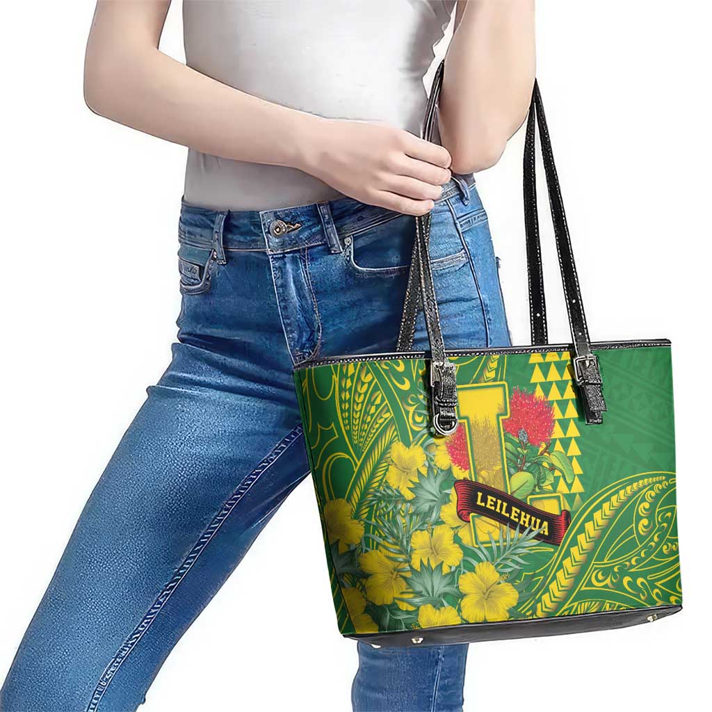 Hawaii Leilehua High School Leather Tote Bag Tribal Tattoo With Hibiscus Flowers