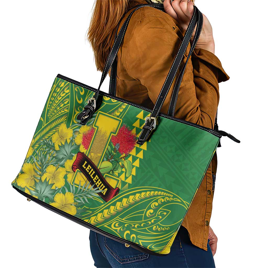 Hawaii Leilehua High School Leather Tote Bag Tribal Tattoo With Hibiscus Flowers