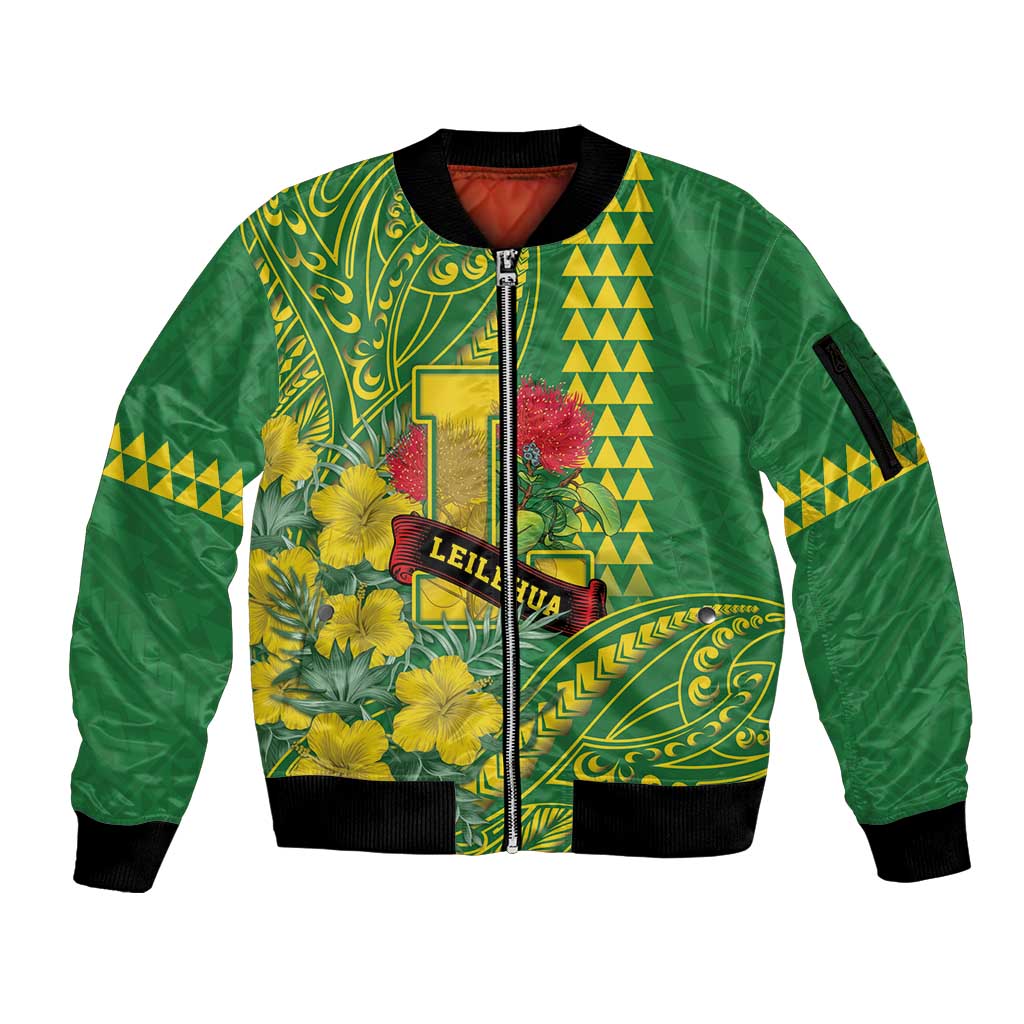 Personalised Hawaii Leilehua High School Sleeve Zip Bomber Jacket Tribal Tattoo With Hibiscus Flowers
