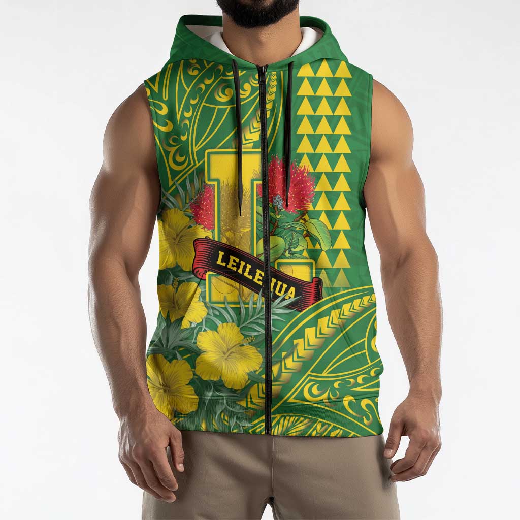 Personalised Hawaii Leilehua High School Sleeveless Zip Hoodie Tribal Tattoo With Hibiscus Flowers LT05 - Polynesian Pride