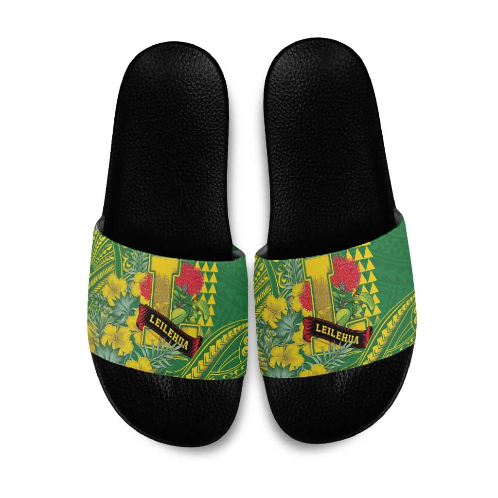 Hawaii Leilehua High School Slide Sandals Tribal Tattoo With Hibiscus Flowers
