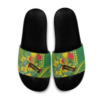 Hawaii Leilehua High School Slide Sandals Tribal Tattoo With Hibiscus Flowers