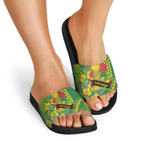 Hawaii Leilehua High School Slide Sandals Tribal Tattoo With Hibiscus Flowers