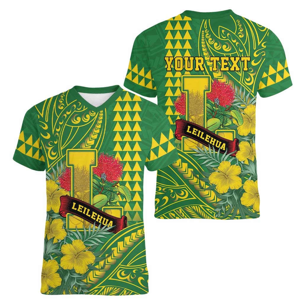Personalised Hawaii Leilehua High School Women V-Neck T-Shirt Tribal Tattoo With Hibiscus Flowers LT05 - Polynesian Pride