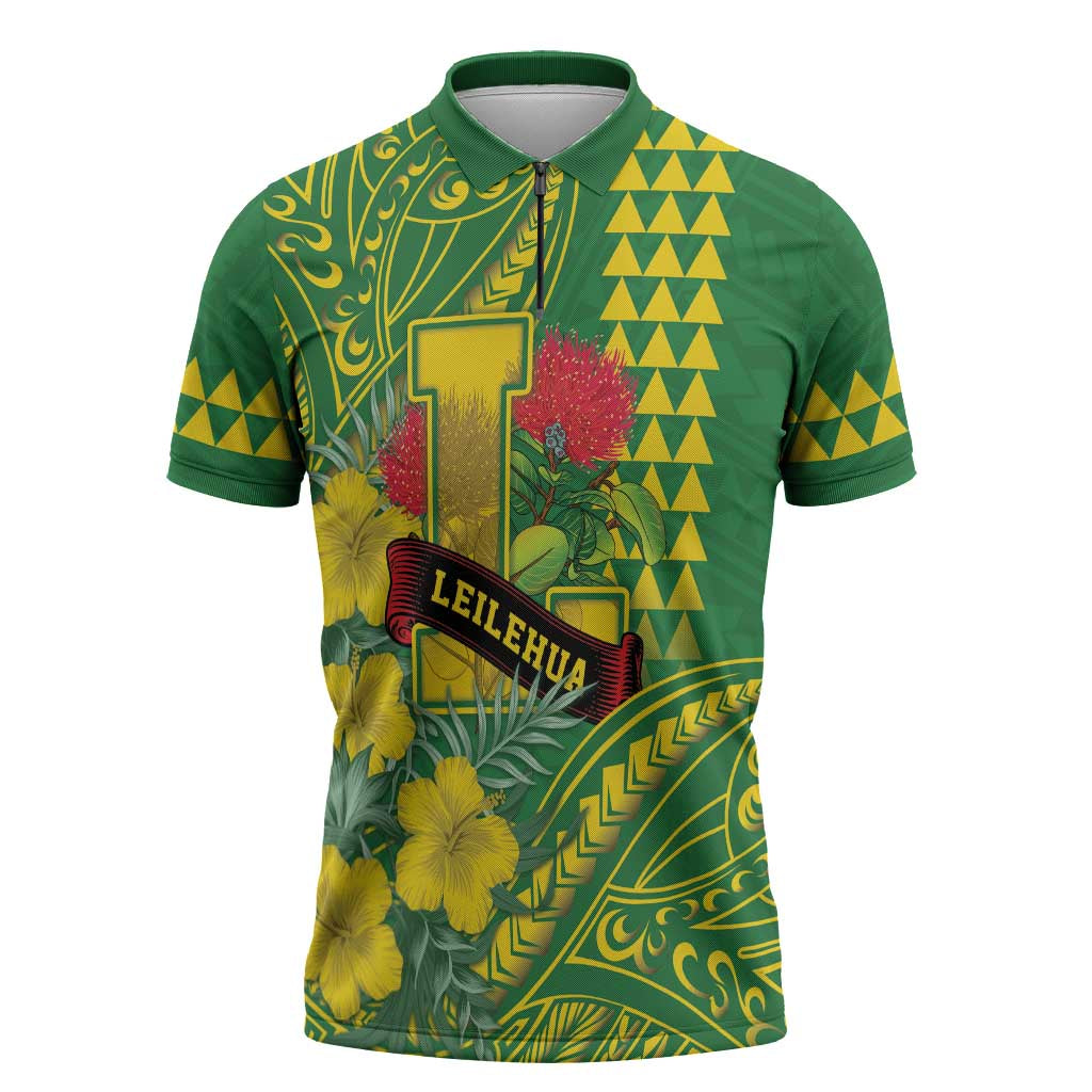 Personalised Hawaii Leilehua High School Zipper Polo Shirt Tribal Tattoo With Hibiscus Flowers