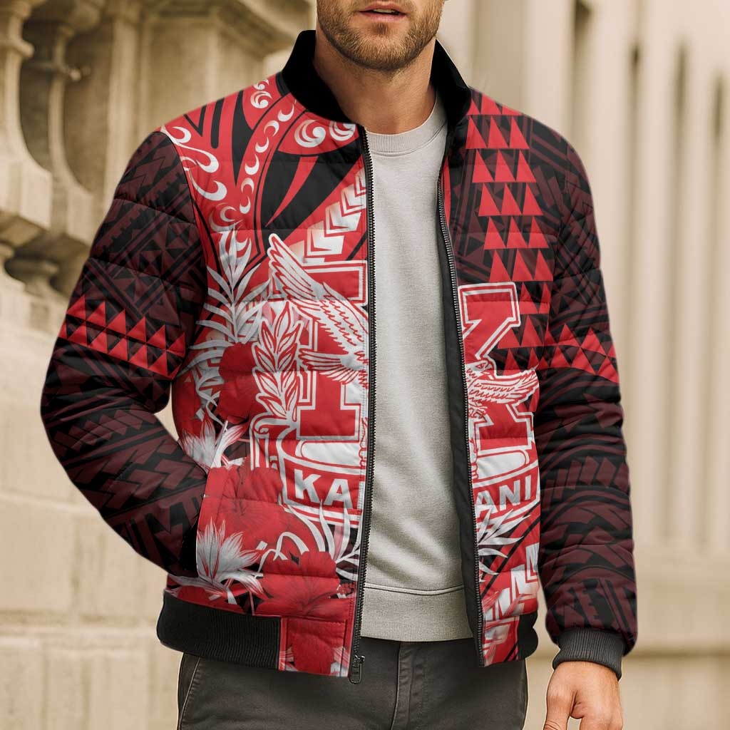 Personalised Hawaii Kalani High School Bomber Puffer Jacket Tribal Tattoo With Hibiscus Flowers