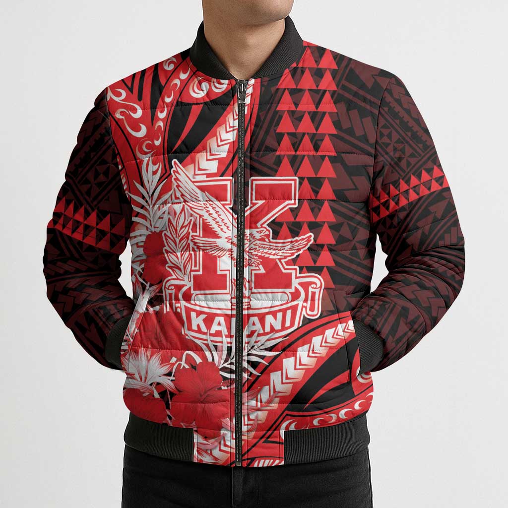 Personalised Hawaii Kalani High School Bomber Puffer Jacket Tribal Tattoo With Hibiscus Flowers