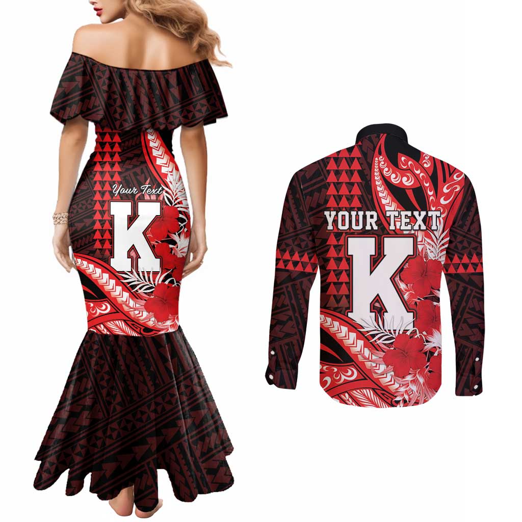 Personalised Hawaii Kalani High School Couples Matching Mermaid Dress and Long Sleeve Button Shirt Tribal Tattoo With Hibiscus Flowers LT05 - Polynesian Pride